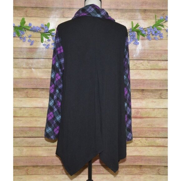 Bulotus Black & Purple Plaid Tie Up Cowl Neck Thin Knit Shirt Top Size XL Tunic - Picture 6 of 9